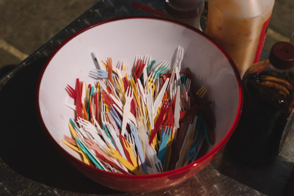 plastic forks in bowl